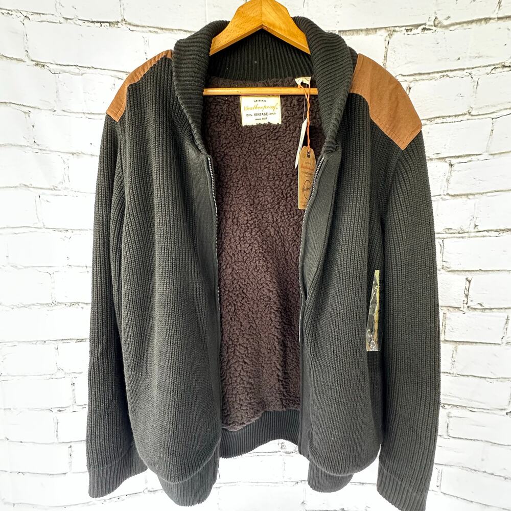New Weatherproof Vintage Zipper Front Sweater Faux Suede Patch  Shawl Collar 2XL